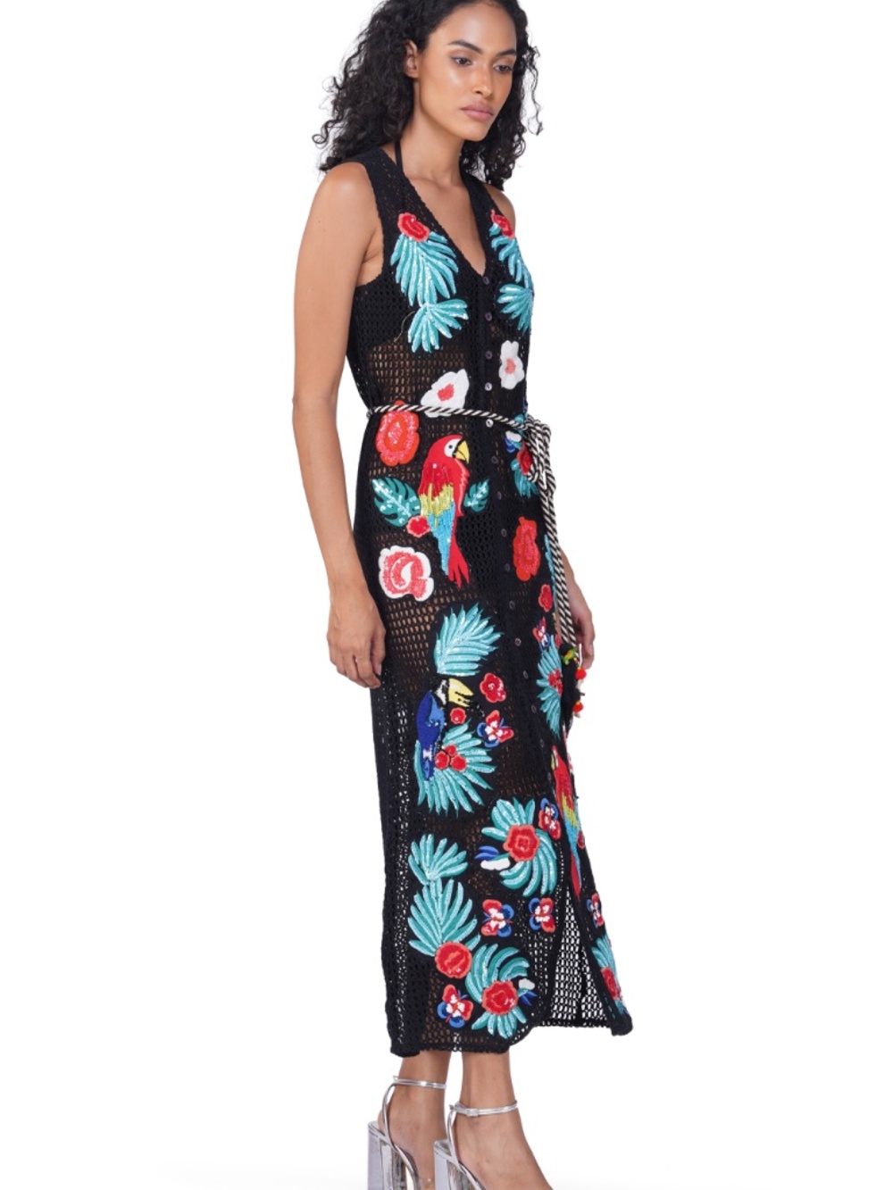 America & Beyond Black Embroidered Maxi Dress with Tropical Embroidered Parrots - Picture 3 of 5